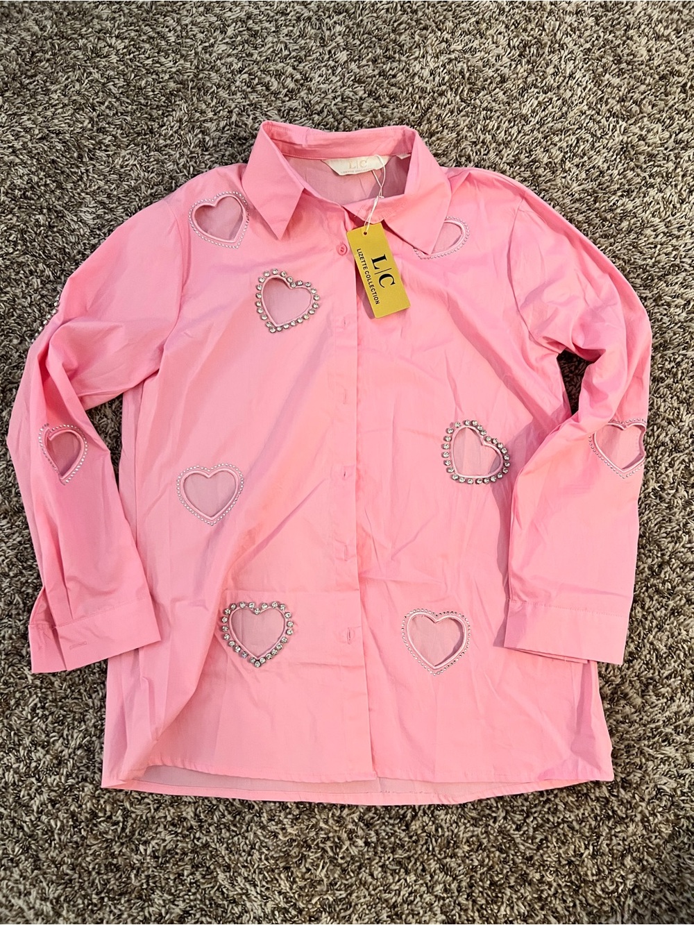 LC Pink Heart Embellished Button-Up Shirt Medium